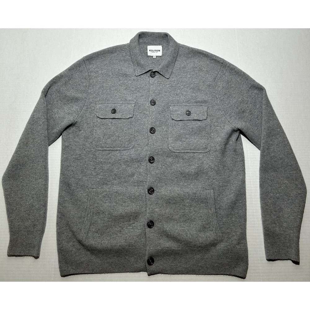 Kujten Cashmere Shirt Jacket Size XL Mens Button Down Pockets Grey EUC